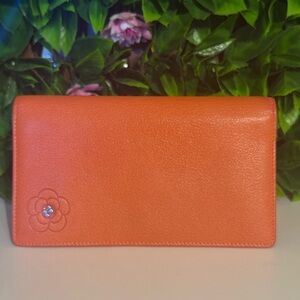 CHANEL Peachy Orange Leather Camellia Silver Long Wallet